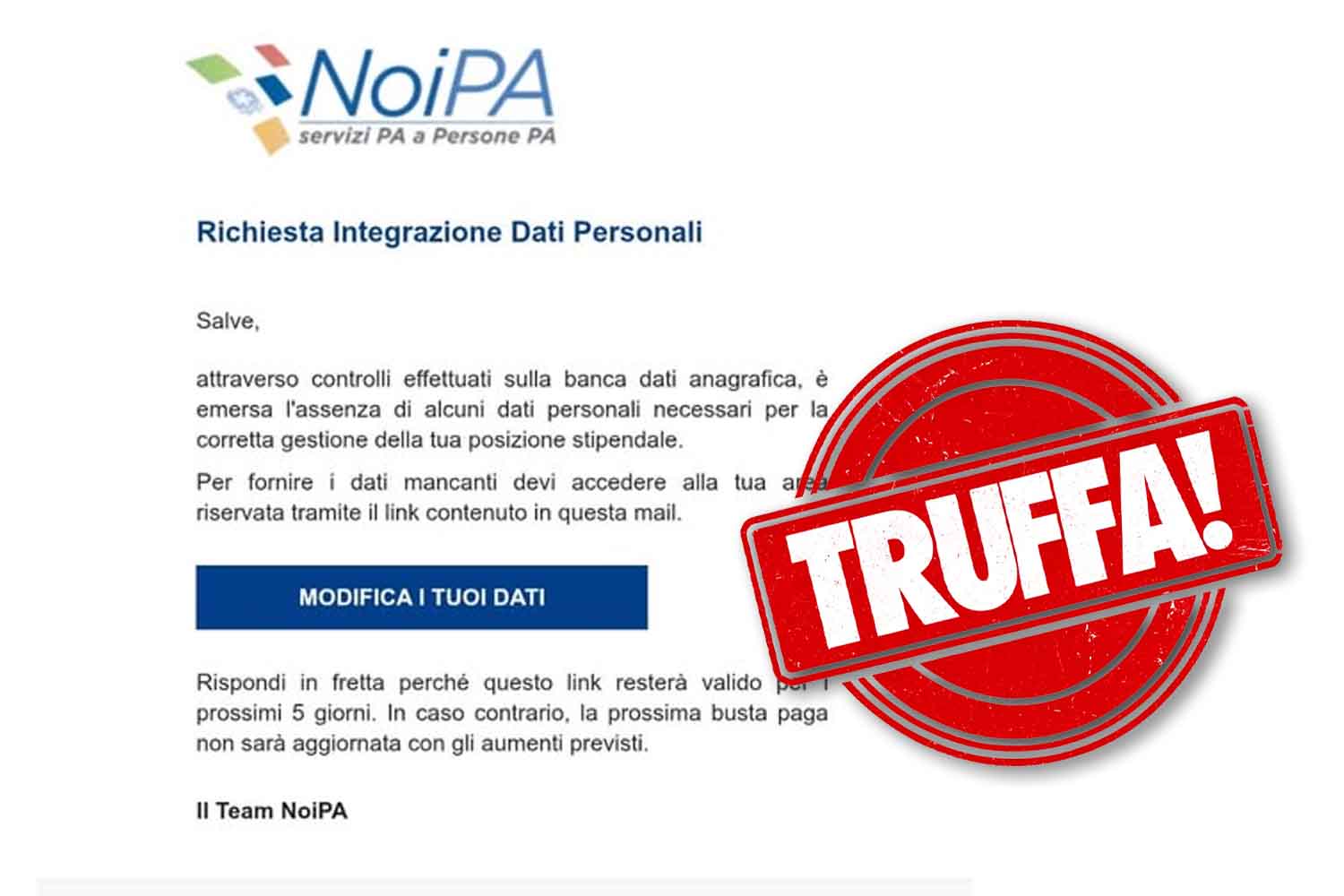 Truffa NoiPA, email chiedono di aggiornare dati per non perdere l’aumento di stipendio